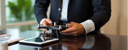 A man holding a drone on the office table